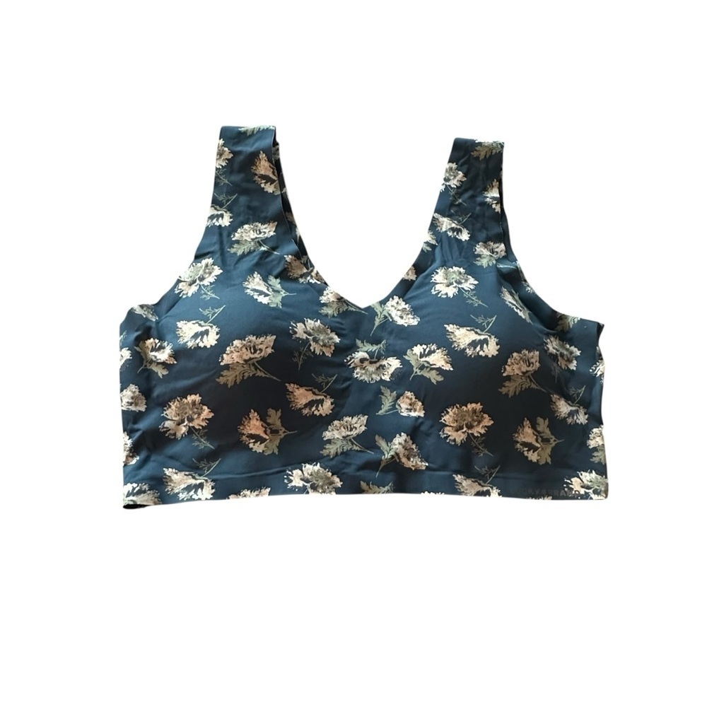 Floral Print Scoop Sports Bra — Navy and Cream